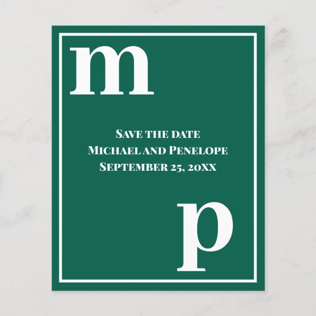 Trendy Monogram Emerald Green Budget Save the Date Flyer (Vorne)