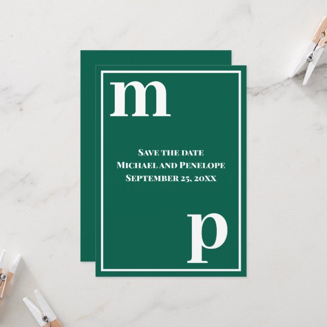 Trendy Monogram Emerald Green Save the Date Einladung (Vorderseite/Rückseite Beispiel)