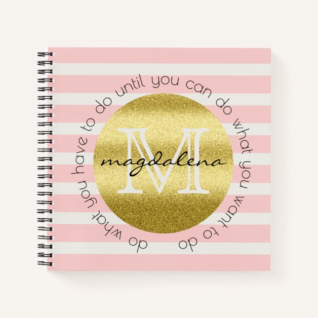 Trendy Monogram Gold Glitzer Blush Pink Stripes Notizbuch (Vorderseite)