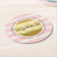 Trendy Monogram Gold Glitzer Blush Pink Stripes