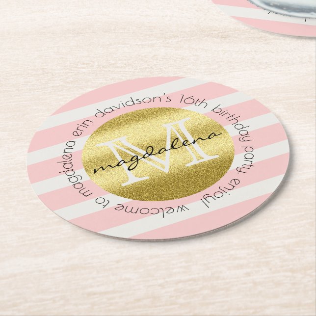 Trendy Monogram Gold Glitzer Blush Pink Stripes Runder Pappuntersetzer (Angewinkelt)