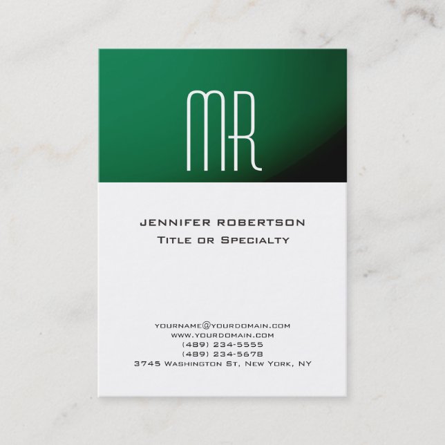 Trendy Monogram Green Strip White Business Card Visitenkarte (Vorderseite)