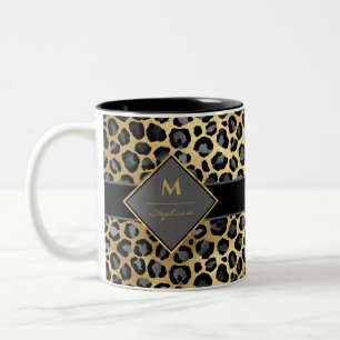 Trendy Monogram Leopard Print   Schwarzes Grau & G Zweifarbige Tasse