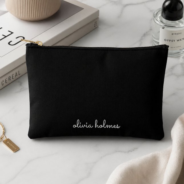 Trendy Monogram | Modern Black Script Name Zubehörtasche (Von Creator hochgeladen)