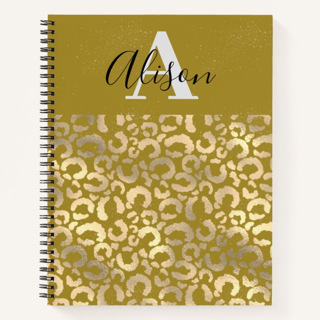 Trendy Monogram Name Gold Glitzer Leopard Animal Notizbuch (Vorderseite)