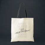 Trendy Monogram Name Script Sport and Hobby Tragetasche<br><div class="desc">Personalized Custom Monogram Name Tote Bag with editable text and wording for a list of sport and favorite hobbies makes a fun and useful gift for the girl always on the go and in charters of extracurricular activities. This example reads "hockey, lacrosse, hiking, reading, drawing" but the text can be...</div>