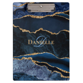 Trendy Monogram Navy Blue Gold Agate Klemmbrett