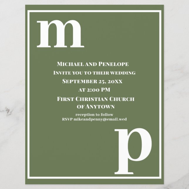 Trendy Monogram Olive Green Budget Wedite Einladun Flyer (Vorne)