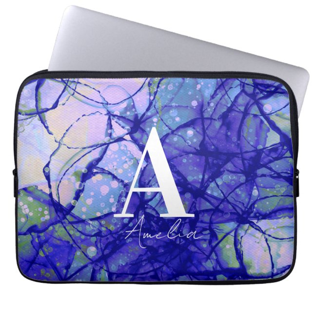 Trendy Monogram Personalisiert Name Blau Abstrakt Laptopschutzhülle (Vorderseite)