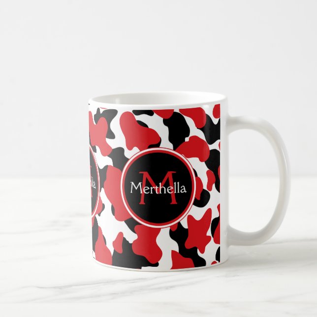 Trendy Monogram Red Black Cow Print Kaffeetasse (Rechts)