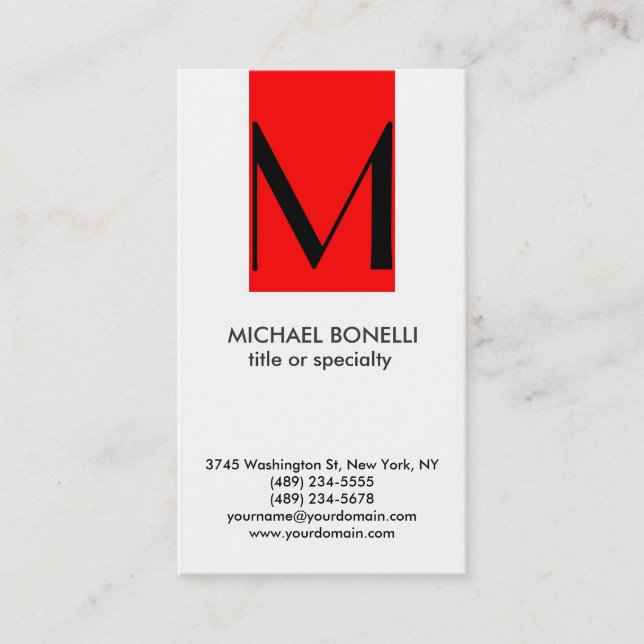 Trendy Monogram Red Strip White Business Card Visitenkarte (Vorderseite)