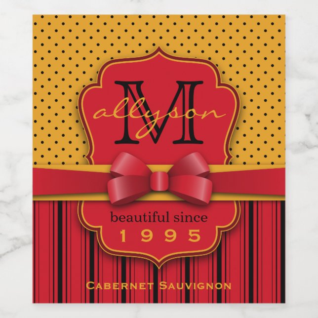 Trendy Monogram Retro Yellow Polka Dot Red Stripes Weinetikett (Einzelnes Label)