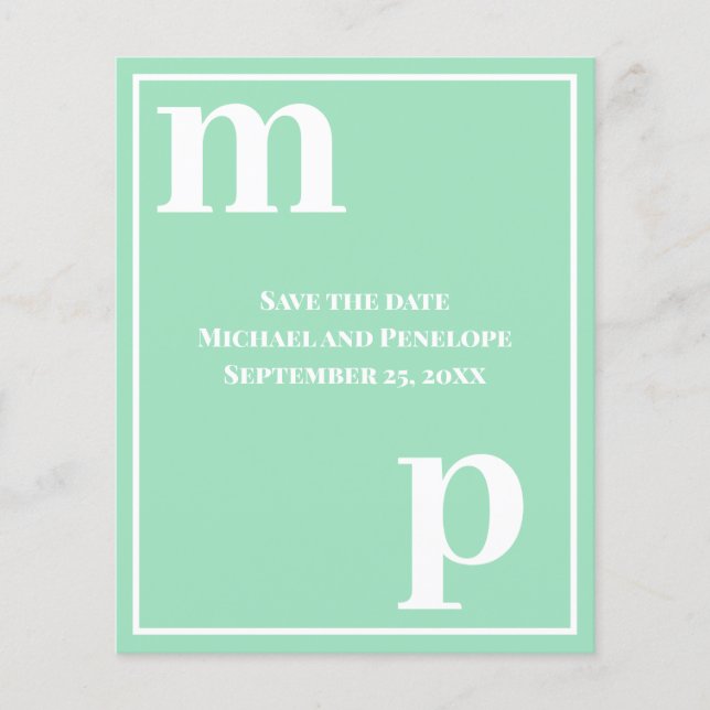 Trendy Monogram Seafoam Green Budget Save the Date Flyer (Vorne)