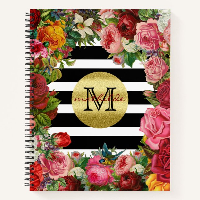 Trendy Monogram Stripes Rose Blume Gold Glitzer Notizbuch (Vorderseite)