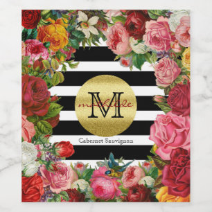 Trendy Monogram Stripes Rose Blume Gold Glitzer Weinetikett