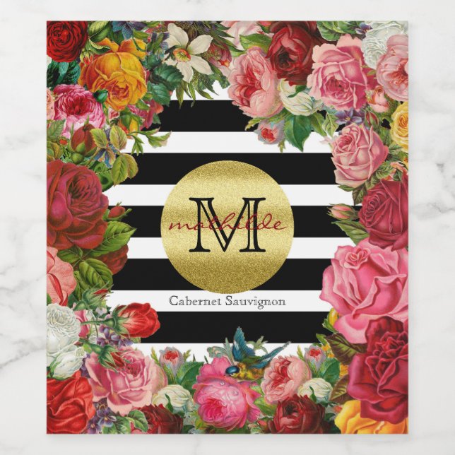 Trendy Monogram Stripes Rose Blume Gold Glitzer Weinetikett (Einzelnes Label)