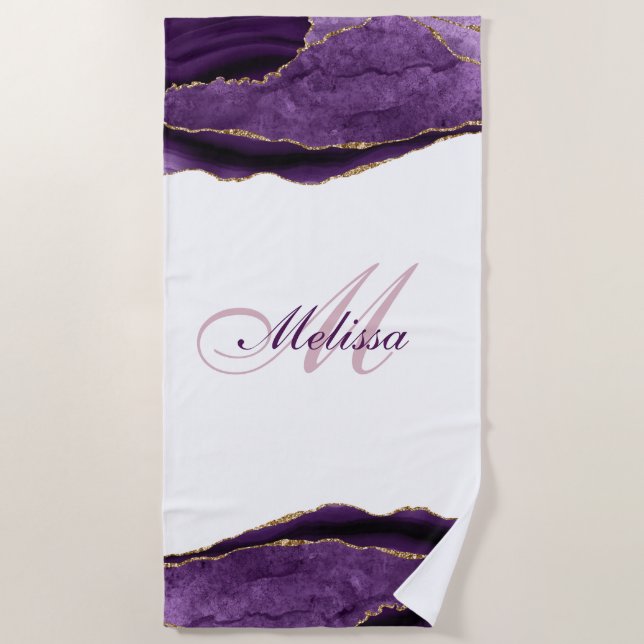 trendy monogramm gold und lila agate strandtuch (Vorderseite)