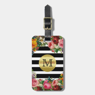 Trendy Monogramm Stripes Rosen-Blumen-GoldGlitzer Gepäckanhänger
