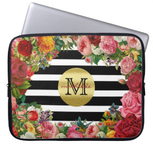 Trendy Monogramm Stripes Rosen-Blumen-GoldGlitzer Laptopschutzhülle