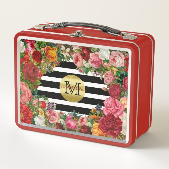 Trendy Monogramm Stripes Rosen-Blumen-GoldGlitzer Metall Brotdose (Vorderseite)