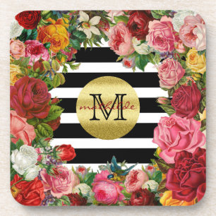 Trendy Monogramm Stripes Rosen-Blumen-GoldGlitzer Untersetzer