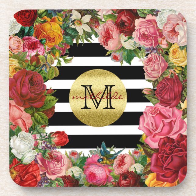 Trendy Monogramm Stripes Rosen-Blumen-GoldGlitzer Untersetzer (Vorderseite)