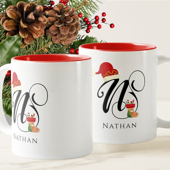 Trendy Name Modern Initial Letter N Winter Holiday Zweifarbige Tasse (Von Creator hochgeladen)
