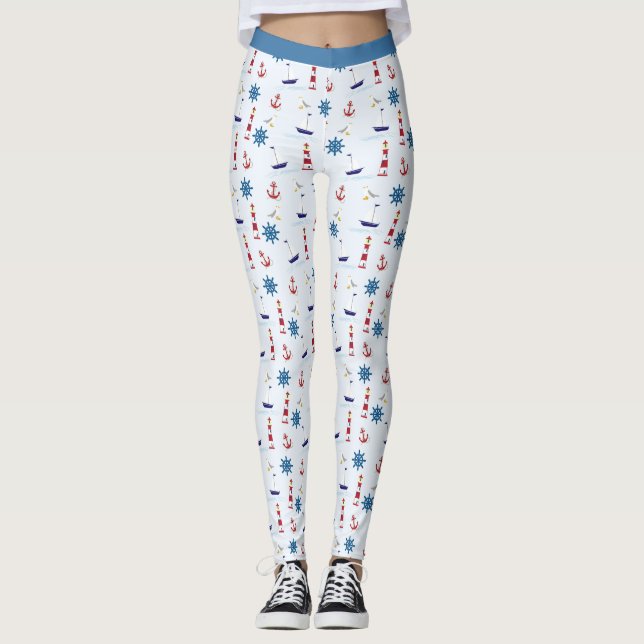 Trendy Nautical Lighthouse Sailboat Yoga Leggings (Vorderseite)