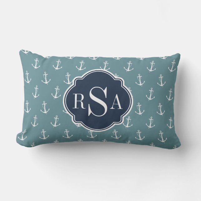 Trendy Nautical Mit Monogramm Blue Anchor Muster Lendenkissen (Vorderseite)
