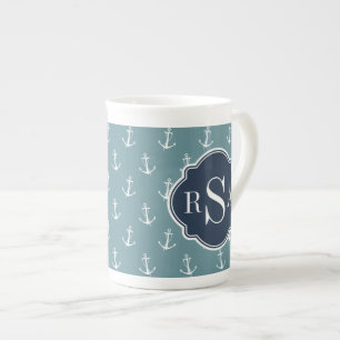 Trendy Nautical Mit Monogramm Blue Anchor Muster Prozellantasse