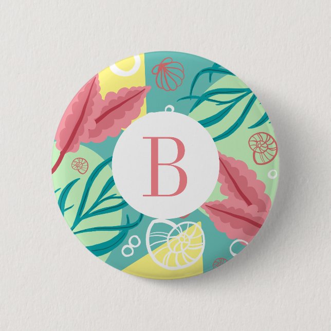 Trendy Nautical Seashells Seaweed | Monogramm Button (Vorderseite)