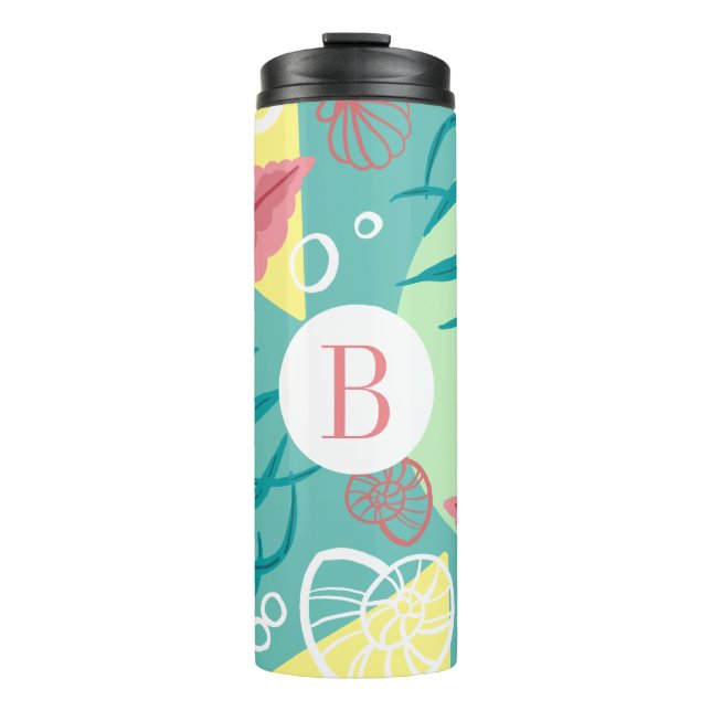 Trendy Nautical Seashells Seaweed | Monogramm Thermosbecher (Vorderseite)