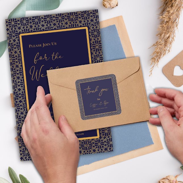 Trendy Navy and Gold Design Wedding Vielen Dank Quadratischer Aufkleber (Trendy Navy and Gold Design Wedding Thank you Square Sticker)