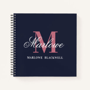 Trendy Navy Blue Blush Pink Monogram Calligrafy Notizbuch