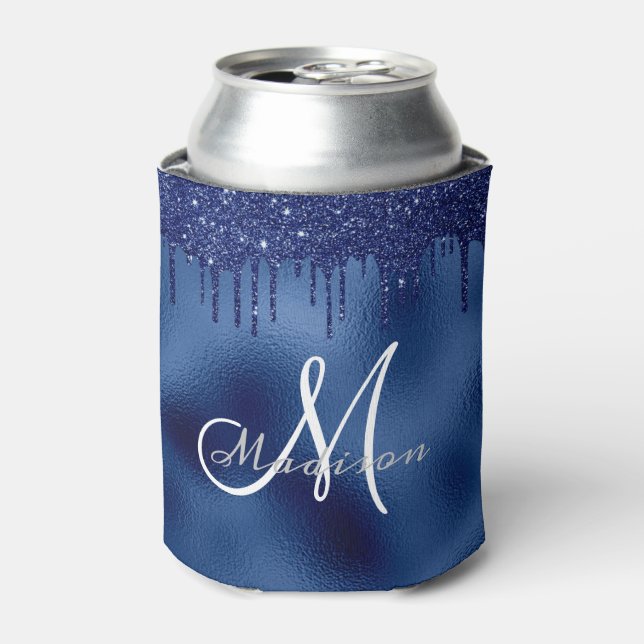 Trendy Navy Blue Glitzer Tropfen Mit Monogramm Dosenkühler (Kanne Vorderseite)