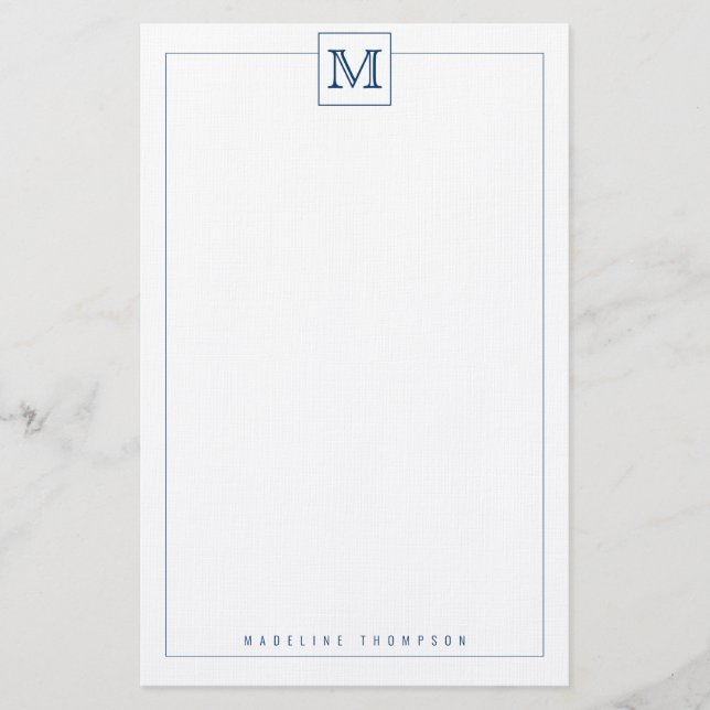 Trendy Navy Blue Initial Monogram Square Grenze Briefpapier (Vorderseite)