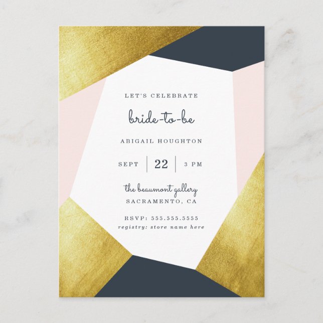 Trendy Navy, Blush & Gold Geometric Brautparty Einladungspostkarte (Vorderseite)