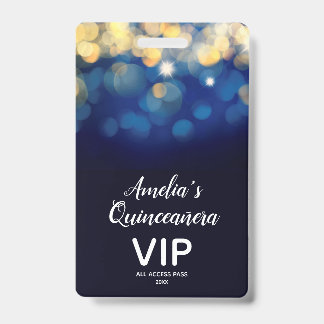 Trendy Navy Gold Bokeh Quinceñera Einladen VIP Pas Ausweis