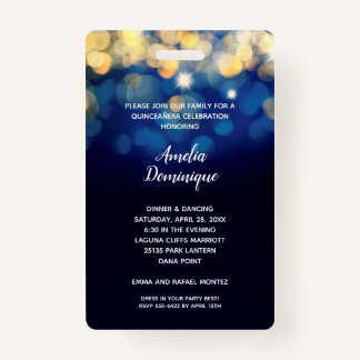 Trendy Navy Gold Bokeh Quinceñera Einladen VIP Pas Ausweis