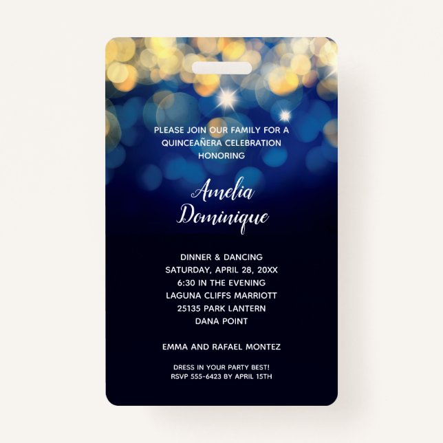 Trendy Navy Gold Bokeh Quinceñera Einladen VIP Pas Ausweis (Rückseite)