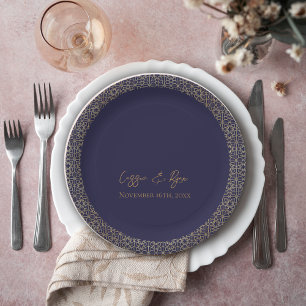 Trendy Navy Gold Design Hochzeitsempfang Party Pappteller
