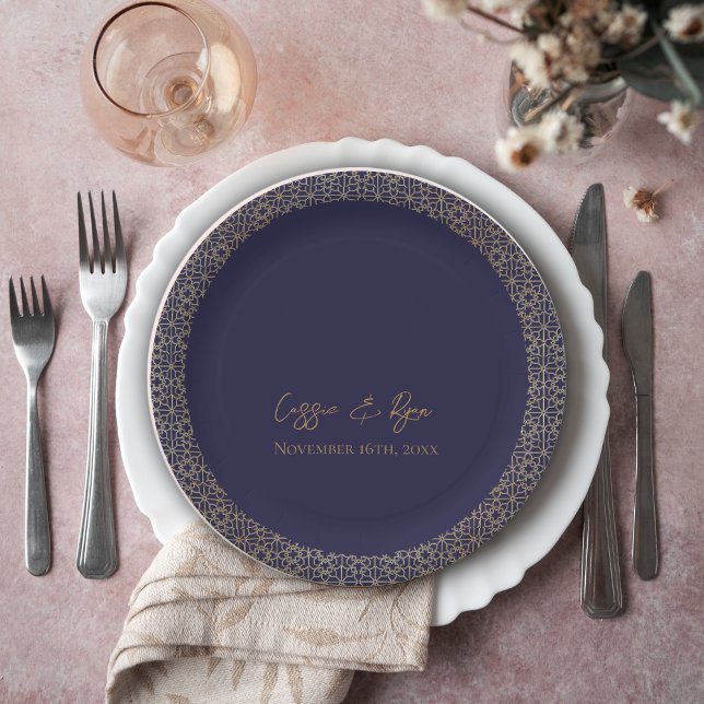 Trendy Navy Gold Design Hochzeitsempfang Party Pappteller (Trendy Navy Gold Design Wedding Reception Party Paper Plates)