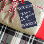 Trendy Navy Reindeer Typography Merry Christmas Geschenkanhänger<br><div class="desc">The gift of giving is made easy this holiday season with these unique and modern Christmas gift tags. The design feature hat navy blue background with white typography script "Merry Christmas" und matching deer edging. Easily add your custom wording to these holiday gift tags by using the "Edit this design...</div>