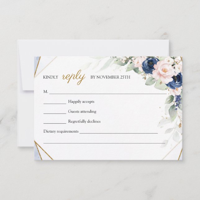 Trendy Navy und Blush Floral Imitate Gold Greenery RSVP Karte (Vorderseite)