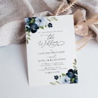 Trendy Navy und hellblaue Blumenschrift Hochzeit