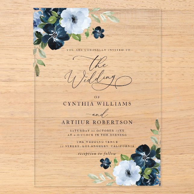 Trendy Navy und hellblaue Hochzeit Acryleinladungen (Vorderseite)