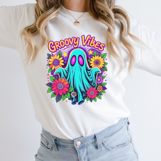 Trendy Neon Floral Retro Ghost Groovy Halloween Sweatshirt (Trendy Retro Neon Colors Florals Halloween Ghost Groovy Vibes Sweatshirt Her)