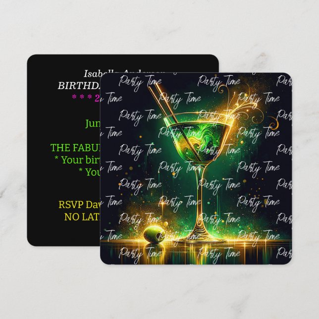 Trendy Neon Party Time Personalisiert Einladung (Vorne/Hinten)