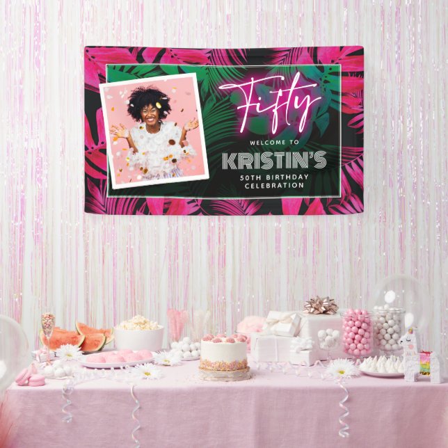 Trendy Neon Pink Tropical 50. Geburtstag Willkomme Banner (Party)