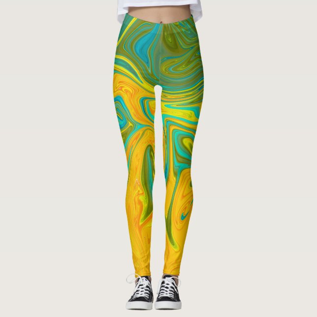Trendy Neon Yellow Orange Green Abstrakt Swirl Leggings (Vorderseite)